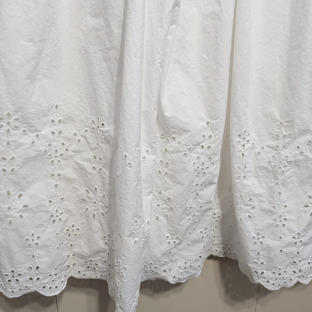 Women’s White Midi Dress with Eyelet Hem Puff Sleeve Cottage Core Size M - Picture 2 of 10